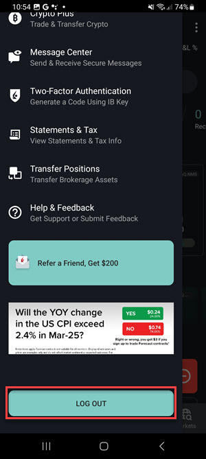 The log out button on the Android Phone
